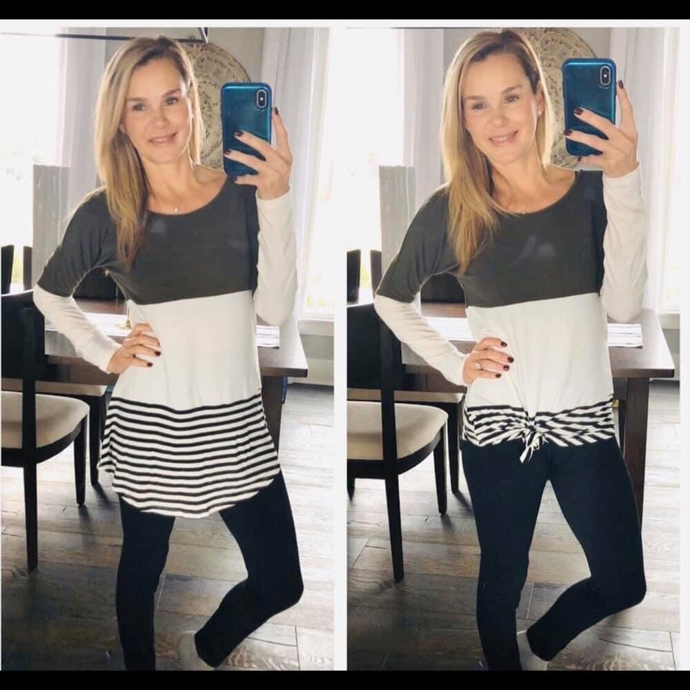 NWT Boutique Olive Green & White Stripe Long Sleeve Tunic Blouse M